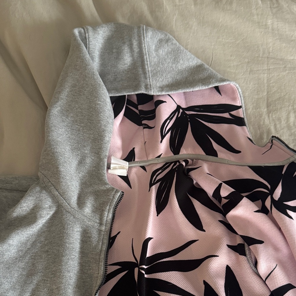 Lole Gray and Pink Hoodie with Black Leaf Pattern